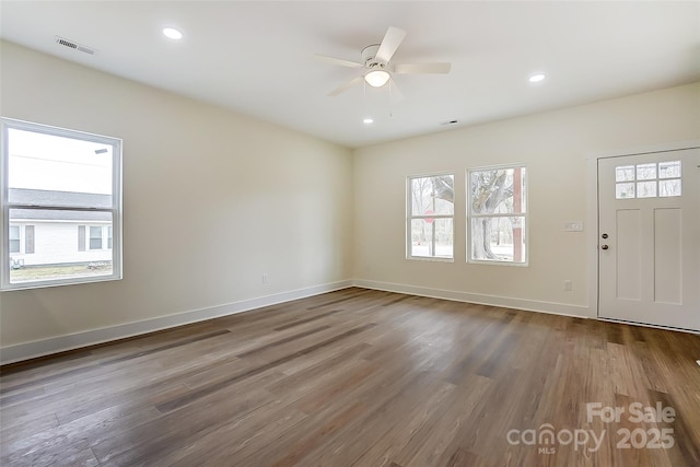 entrance foyer featuring recessed lighting, visible vents, baseboards, and wood finished floors