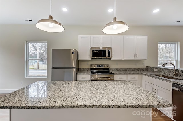 kitchen featuring a healthy amount of sunlight, visible vents, appliances with stainless steel finishes, and a sink