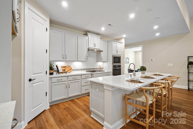 kitchen featuring light countertops, light wood-style floors, under cabinet range hood, and stainless steel appliances