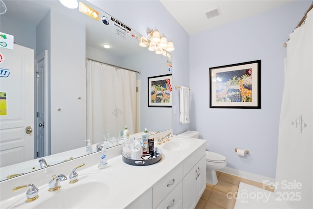 bathroom featuring tile patterned flooring, toilet, visible vents, and a sink