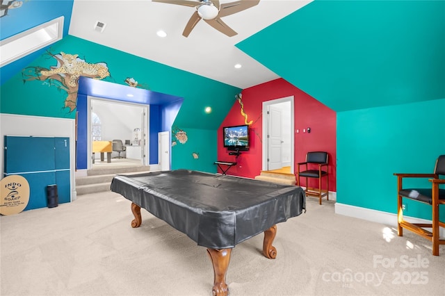 playroom with visible vents, pool table, ceiling fan, lofted ceiling, and carpet flooring