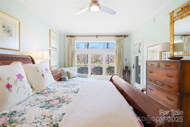 bedroom featuring crown molding and ceiling fan