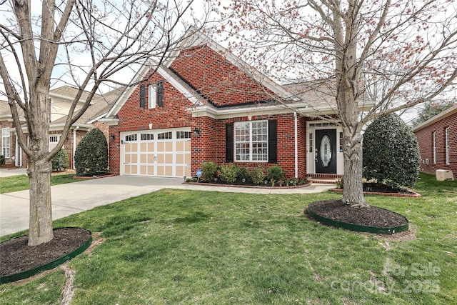 view of front of home with brick siding, concrete driveway, a front yard, roof with shingles, and a garage