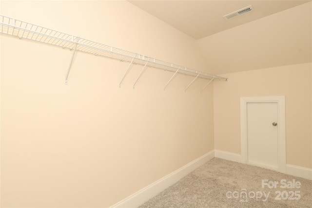 spacious closet featuring lofted ceiling, light colored carpet, and visible vents