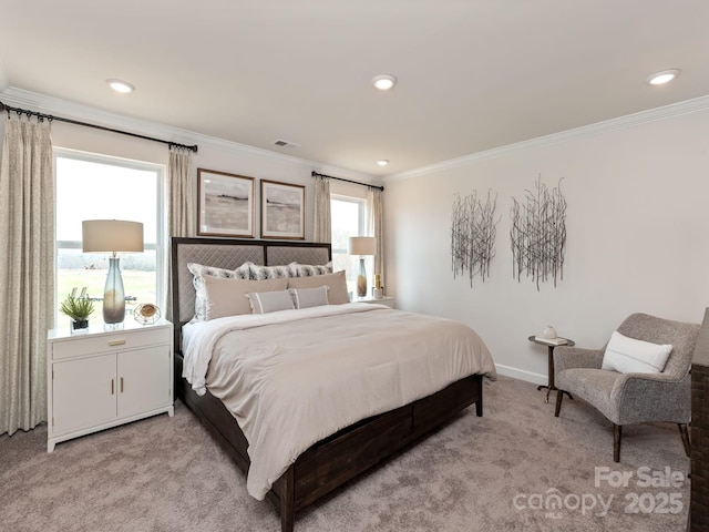 bedroom featuring visible vents, baseboards, ornamental molding, light carpet, and recessed lighting