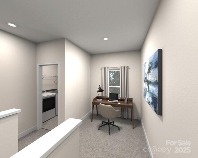 office with recessed lighting, baseboards, and light colored carpet