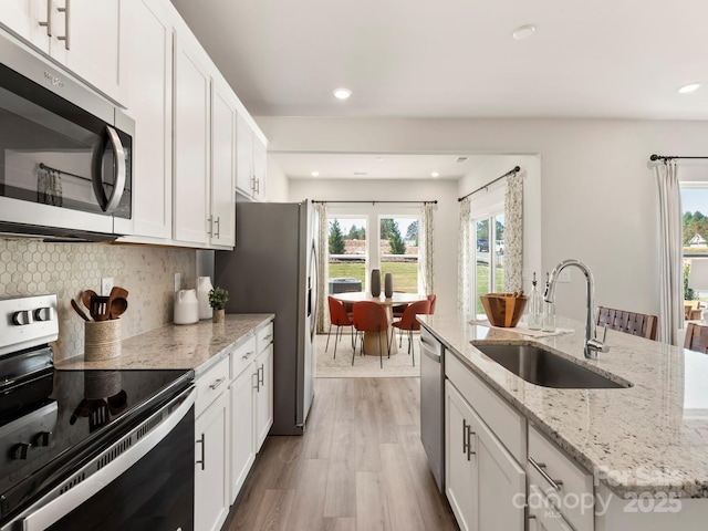 kitchen featuring backsplash, white cabinets, stainless steel appliances, and a sink