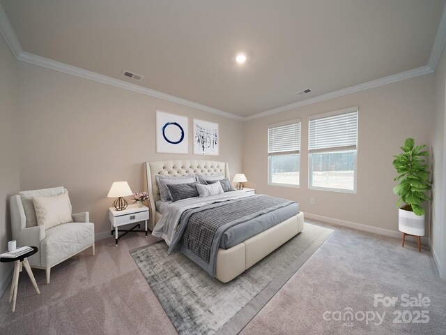 carpeted bedroom with visible vents, baseboards, and ornamental molding