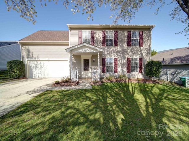 view of front of home featuring an attached garage, concrete driveway, and a front lawn