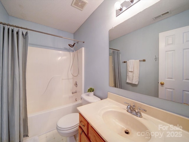 full bath with visible vents, a textured ceiling, toilet, and vanity