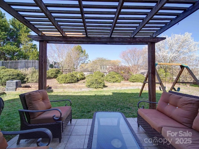 view of patio with an outdoor living space, a playground, fence, and a pergola