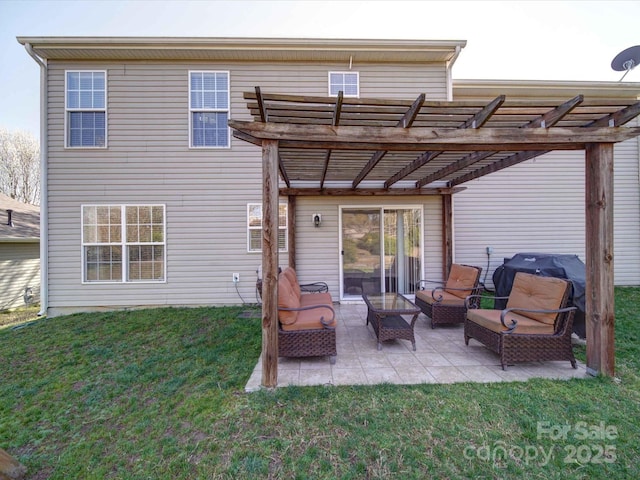 back of house featuring outdoor lounge area, a patio, a lawn, and a pergola