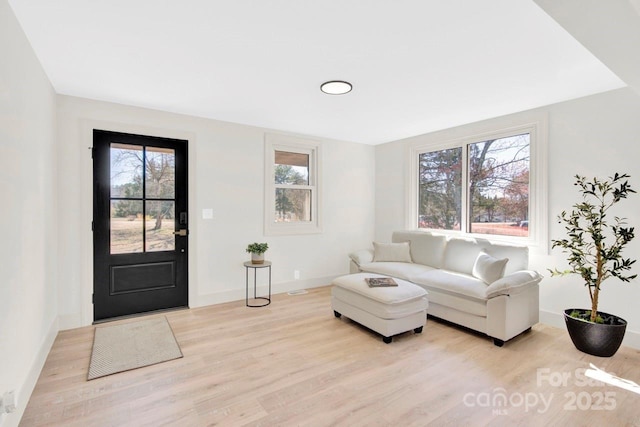 living area featuring baseboards, light wood-style floors, and a healthy amount of sunlight