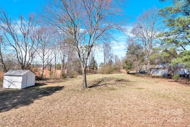 view of yard featuring an outdoor structure and a shed