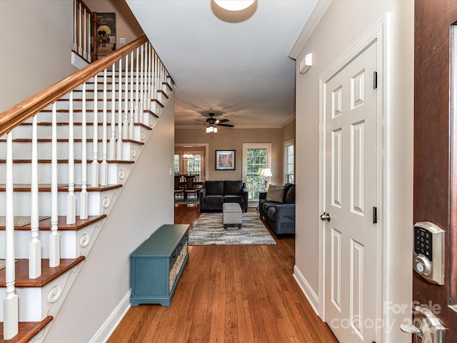 stairs featuring ceiling fan, wood finished floors, baseboards, and ornamental molding