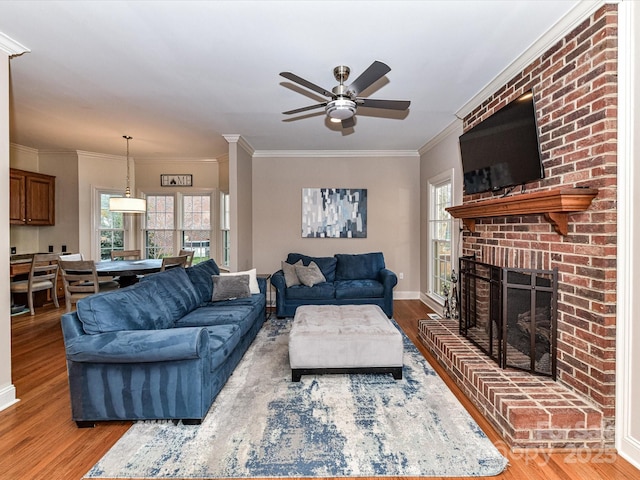 living room featuring wood finished floors, baseboards, a ceiling fan, a fireplace, and crown molding