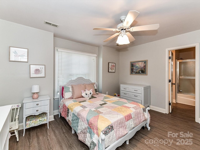 bedroom with visible vents, ceiling fan, baseboards, and wood finished floors