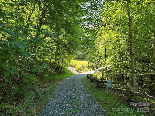 view of road featuring a wooded view