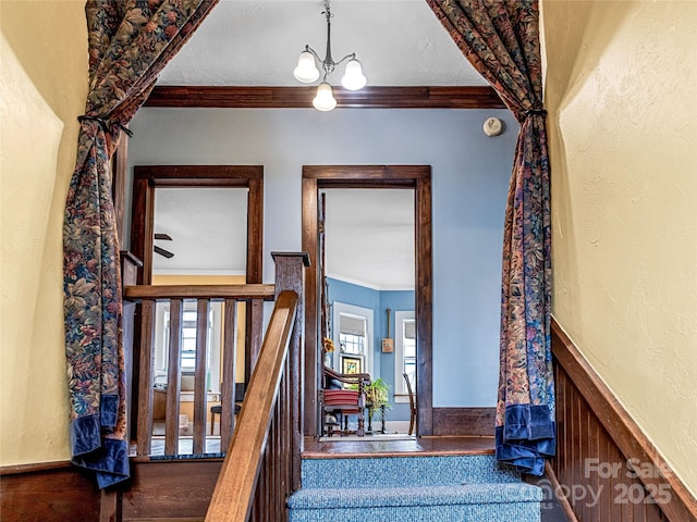 staircase with crown molding, plenty of natural light, wood finished floors, and a wainscoted wall