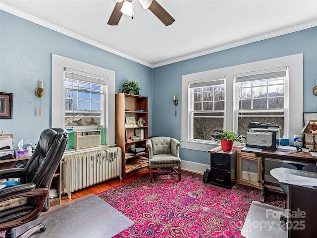 office area featuring radiator heating unit, wood finished floors, cooling unit, and ornamental molding