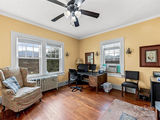 office featuring radiator heating unit, cooling unit, wood-type flooring, and ornamental molding