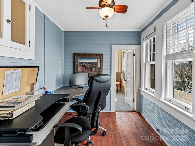 office area with crown molding, a ceiling fan, and hardwood / wood-style flooring