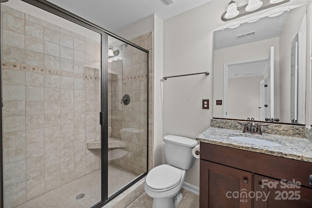 bathroom featuring visible vents, toilet, a stall shower, tile patterned flooring, and vanity