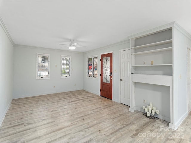 unfurnished living room with light wood-style flooring, baseboards, ceiling fan, and ornamental molding