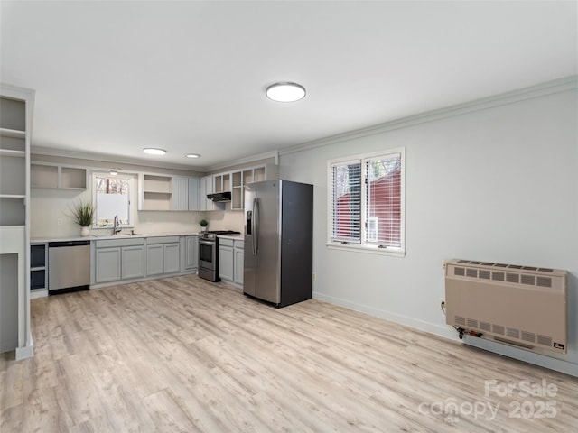 kitchen with open shelves, under cabinet range hood, heating unit, stainless steel appliances, and a sink