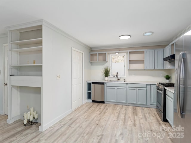 kitchen featuring range hood, open shelves, a sink, stainless steel appliances, and light countertops