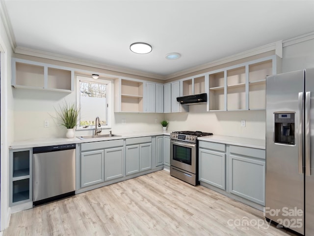 kitchen with open shelves, a sink, gray cabinetry, stainless steel appliances, and under cabinet range hood