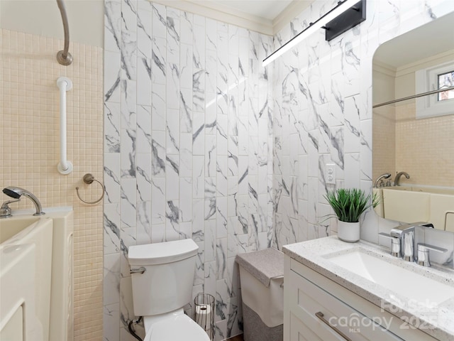 full bathroom with a bathing tub, tile walls, and crown molding