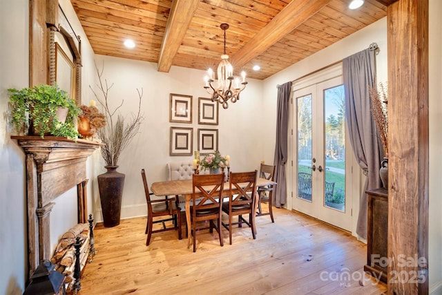 dining space with beam ceiling, french doors, wood ceiling, and hardwood / wood-style flooring