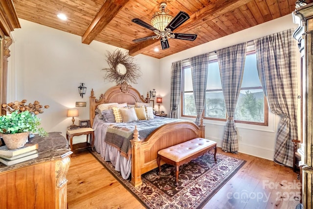 bedroom with light wood finished floors, beamed ceiling, wood ceiling, and baseboards