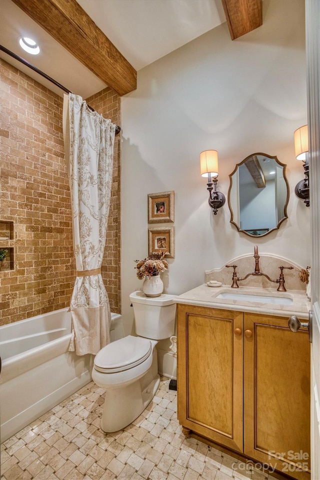 full bath featuring beamed ceiling, toilet, brick floor, vanity, and shower / bathtub combination with curtain