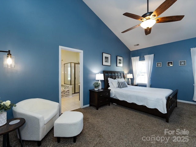 carpeted bedroom featuring baseboards, visible vents, high vaulted ceiling, ensuite bath, and ceiling fan