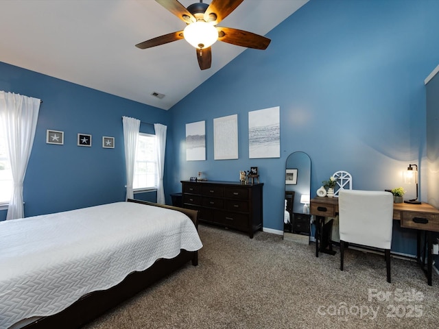 carpeted bedroom featuring vaulted ceiling, baseboards, visible vents, and ceiling fan