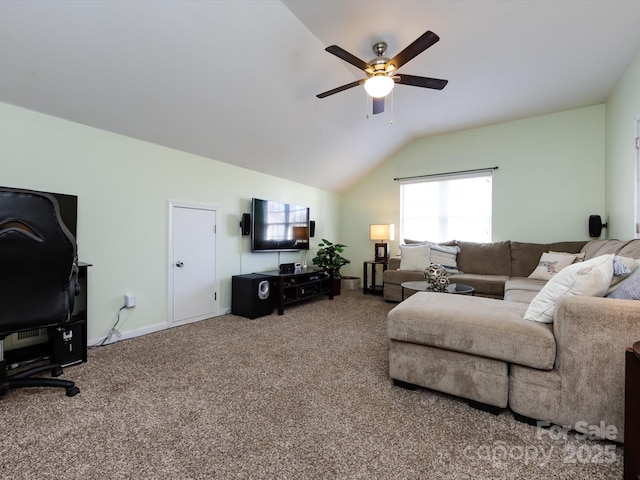 living room with vaulted ceiling, baseboards, carpet floors, and ceiling fan