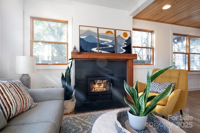 sitting room with a glass covered fireplace, recessed lighting, and wood finished floors