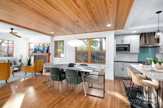 dining space with wooden ceiling, recessed lighting, light wood-style floors, and ceiling fan