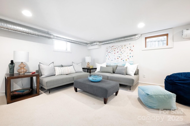 carpeted living area with a wealth of natural light and recessed lighting