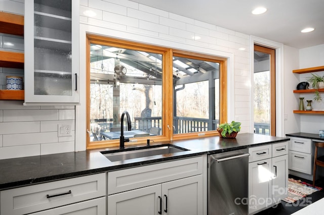 122AND124 Shelburne Rd, Asheville, NC 28806 - kitchen featuring open shelves, a sink, stainless steel dishwasher, recessed lighting, and glass insert cabinets