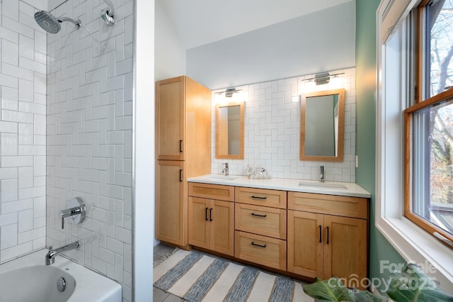 122AND124 Shelburne Rd, Asheville, NC 28806 - bathroom featuring double vanity, shower / tub combination, and backsplash
