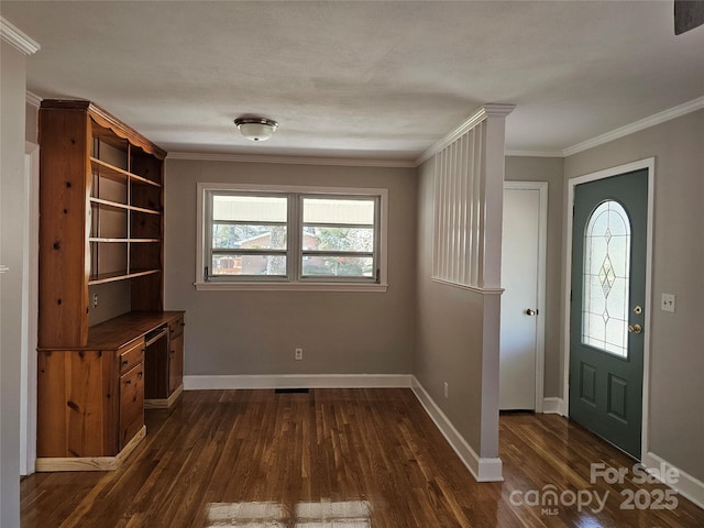 entryway featuring baseboards, ornamental molding, and dark wood-style flooring