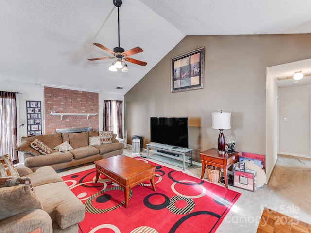 carpeted living room featuring lofted ceiling, a textured ceiling, a healthy amount of sunlight, and ceiling fan