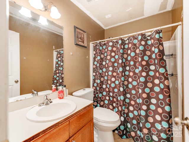 bathroom with a shower with curtain, toilet, ornamental molding, and vanity