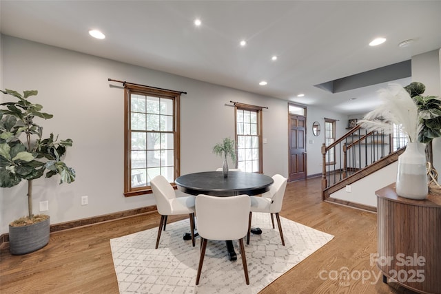 6688 Pine Forest Dr, York, SC 29745 - dining space featuring stairway, recessed lighting, light wood-style flooring, plenty of natural light, and baseboards