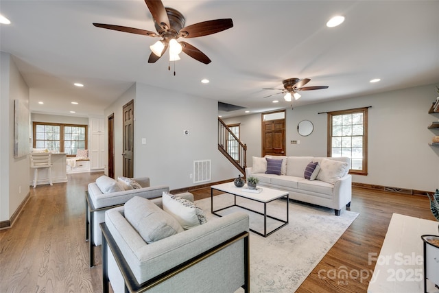 6688 Pine Forest Dr, York, SC 29745 - living room with ceiling fan, stairway, recessed lighting, and baseboards