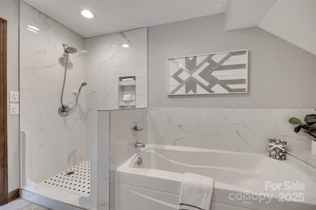 6688 Pine Forest Dr, York, SC 29745 - full bathroom featuring a stall shower, a garden tub, and recessed lighting