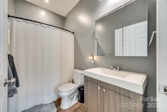 6688 Pine Forest Dr, York, SC 29745 - bathroom featuring wood finished floors, toilet, vanity, and a shower with curtain